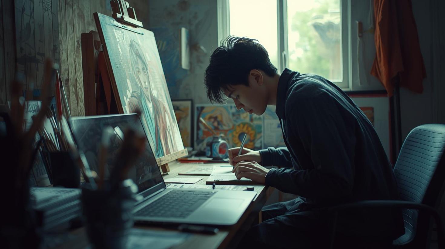 Young artist painting in bright studio with laptop nearby, screens blurred naturally.