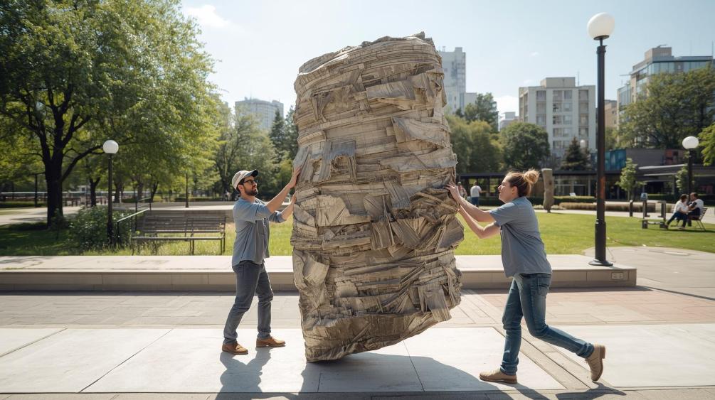 Two movers carefully transporting an abstract sculpture in a bright park